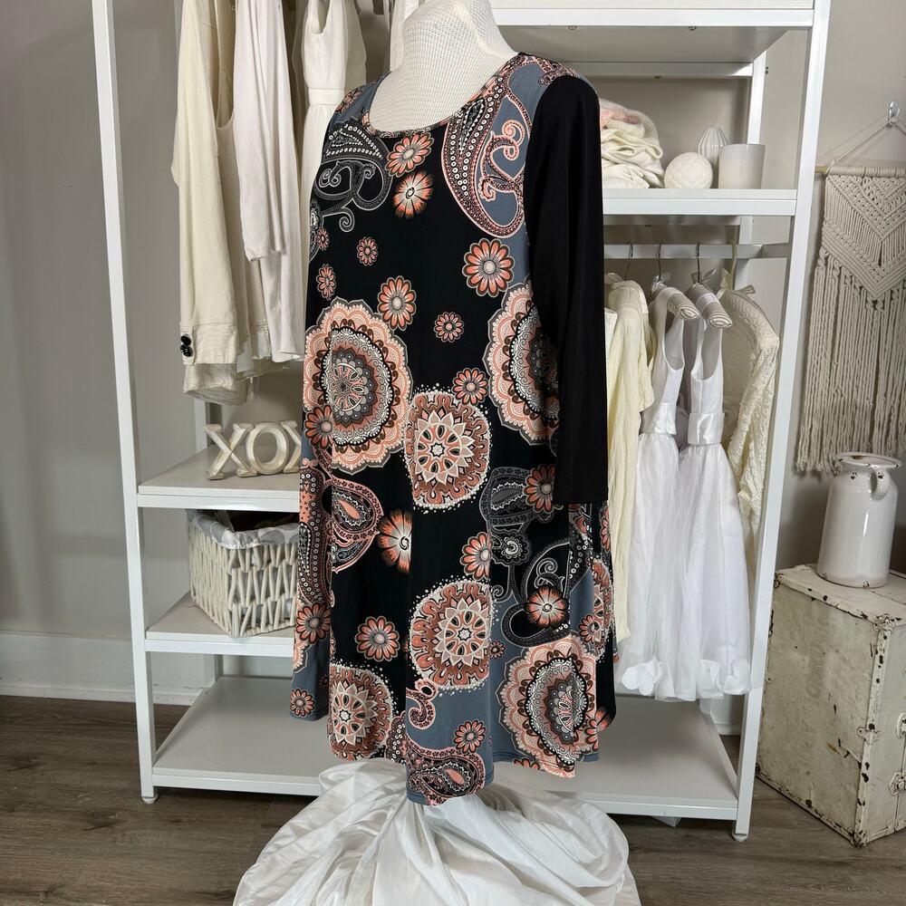 Women’s Black Floral Paisley Long Sleeve Dress/ Tunic Blouse Sz 2X